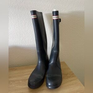 Hunter Matte Blue Knee-High Rain Boots with Logo Trim
